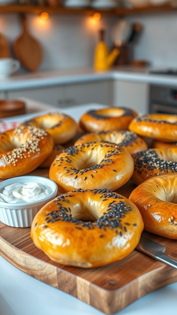 Freshly baked homemade yeast bagels on a cutting board with cream cheese.